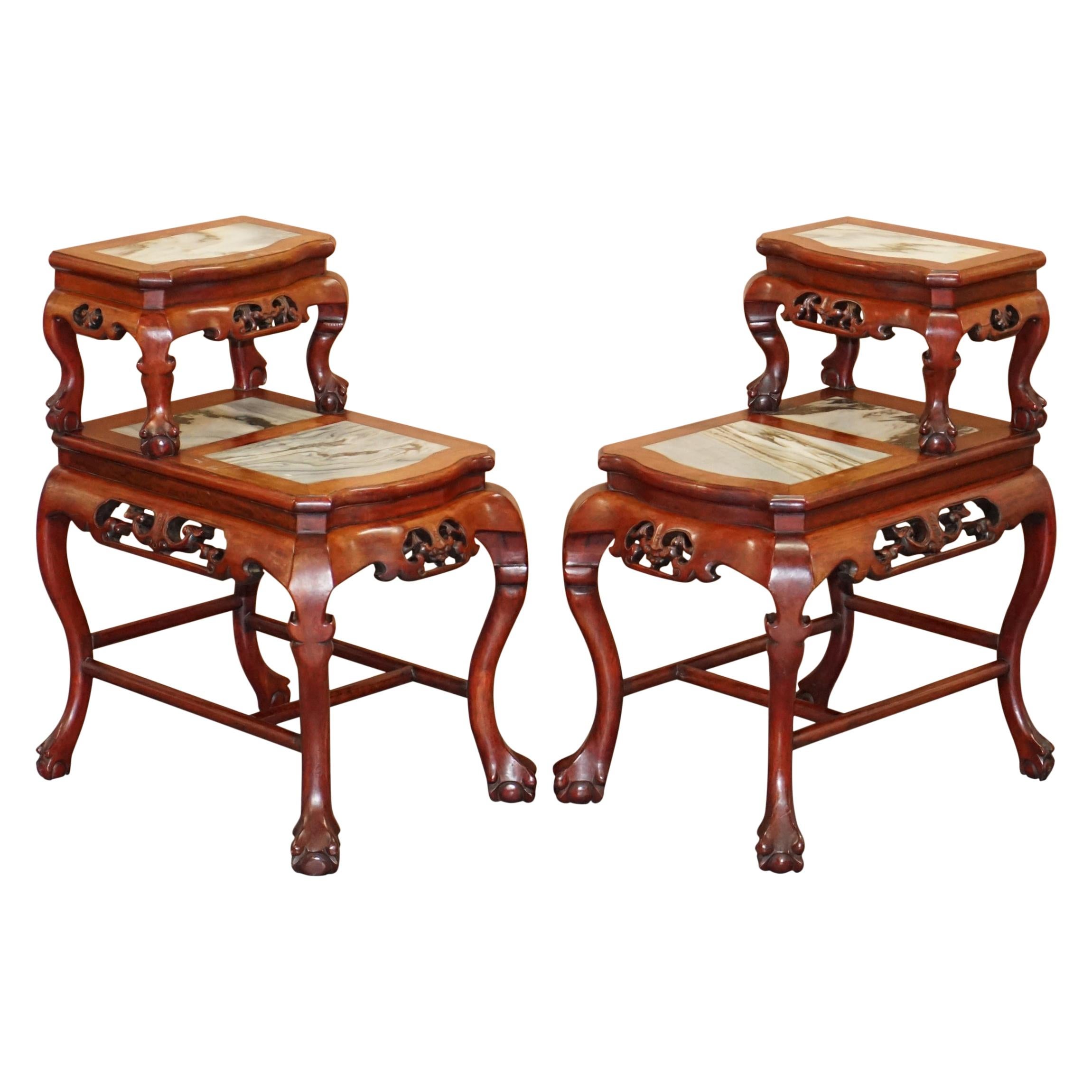 Pair of Chinese Hand Carved Hardwood Marble Side Tables with Claw and Ball Feet