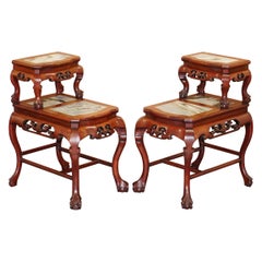 Antique Pair of Chinese Hand Carved Hardwood Marble Side Tables with Claw and Ball Feet