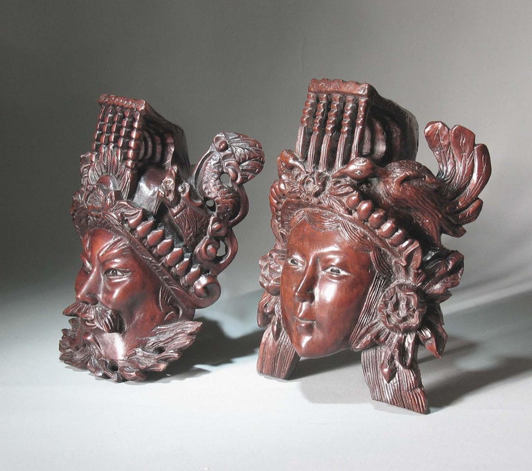 A Pair Of Chinese Hand Carved Rosewood Masks Of Daoist Deities For Sale At 1stdibs