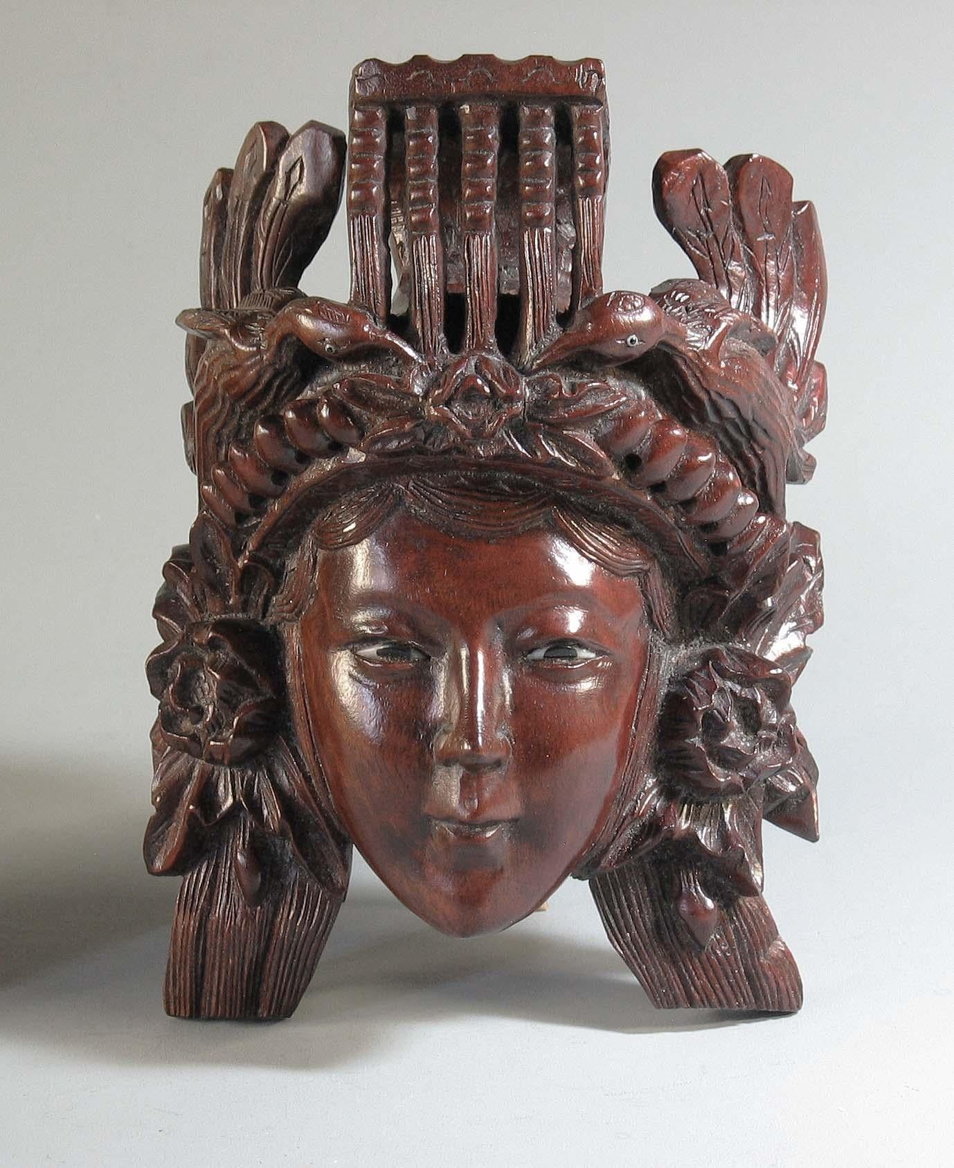 20th Century A Pair of Chinese Hand Carved Rosewood Masks of Daoist Deities