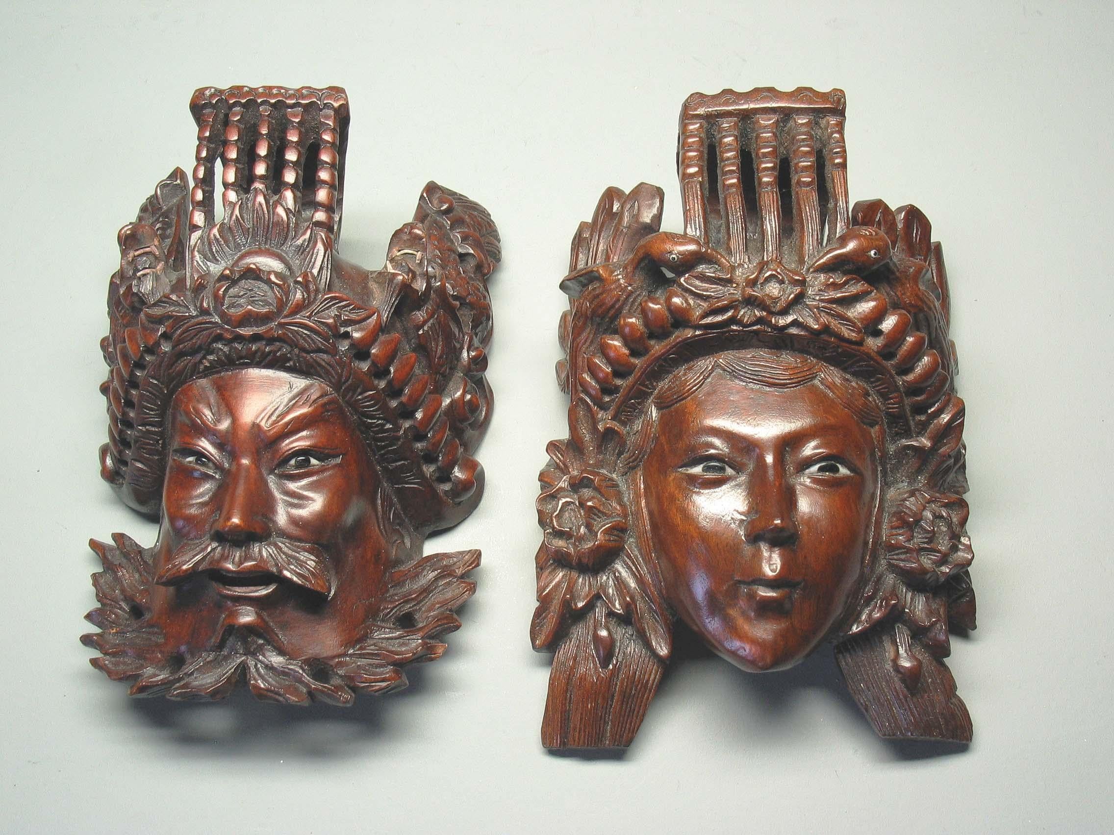 A Pair of Chinese Hand Carved Rosewood Masks of Daoist Deities 1
