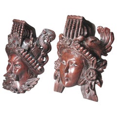 A Pair of Chinese Hand Carved Rosewood Masks of Daoist Deities