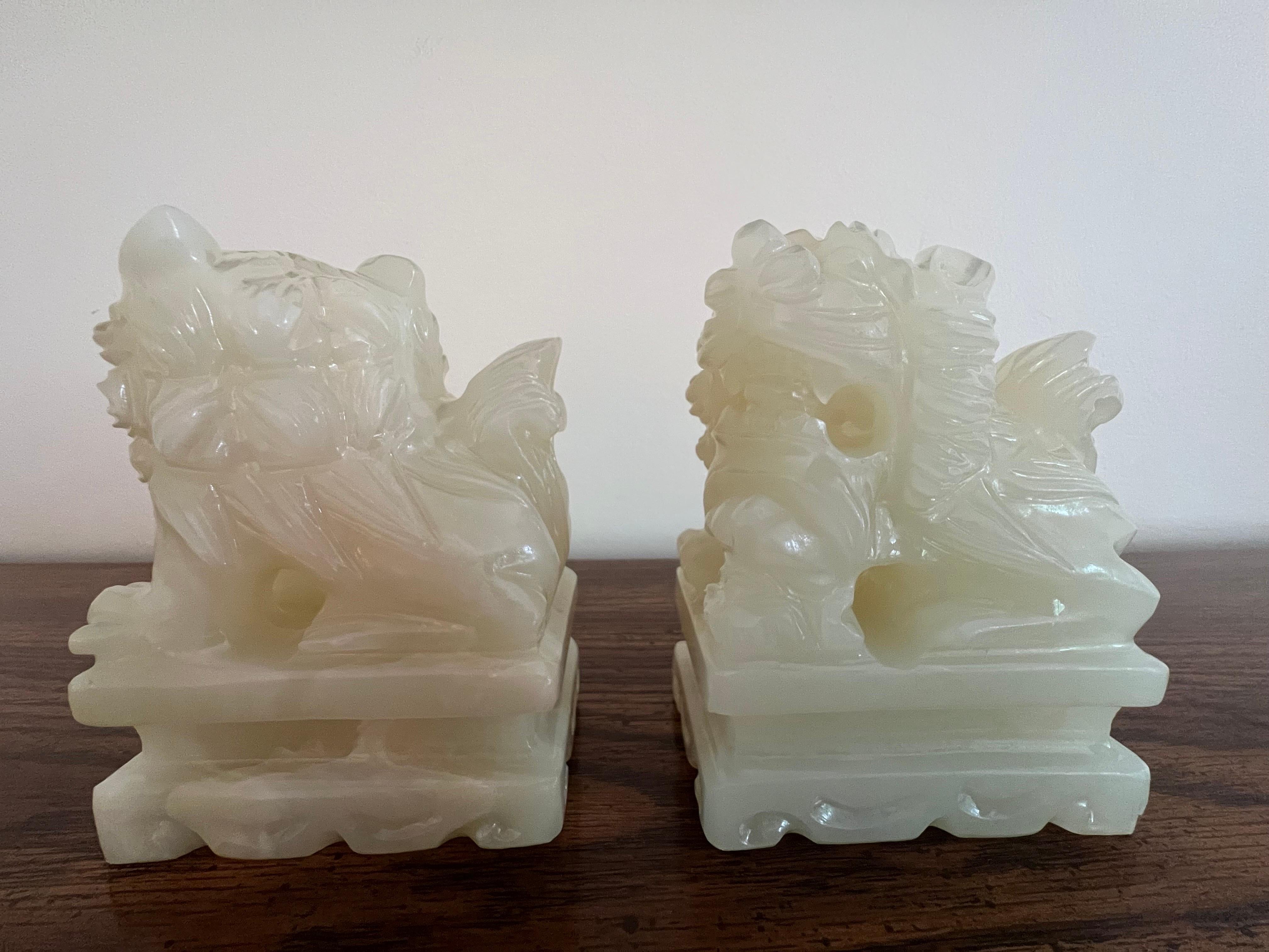 Pair of Chinese Hand Carved White Jade Jadeite Foo Dog Sculpture, circa 1920 1