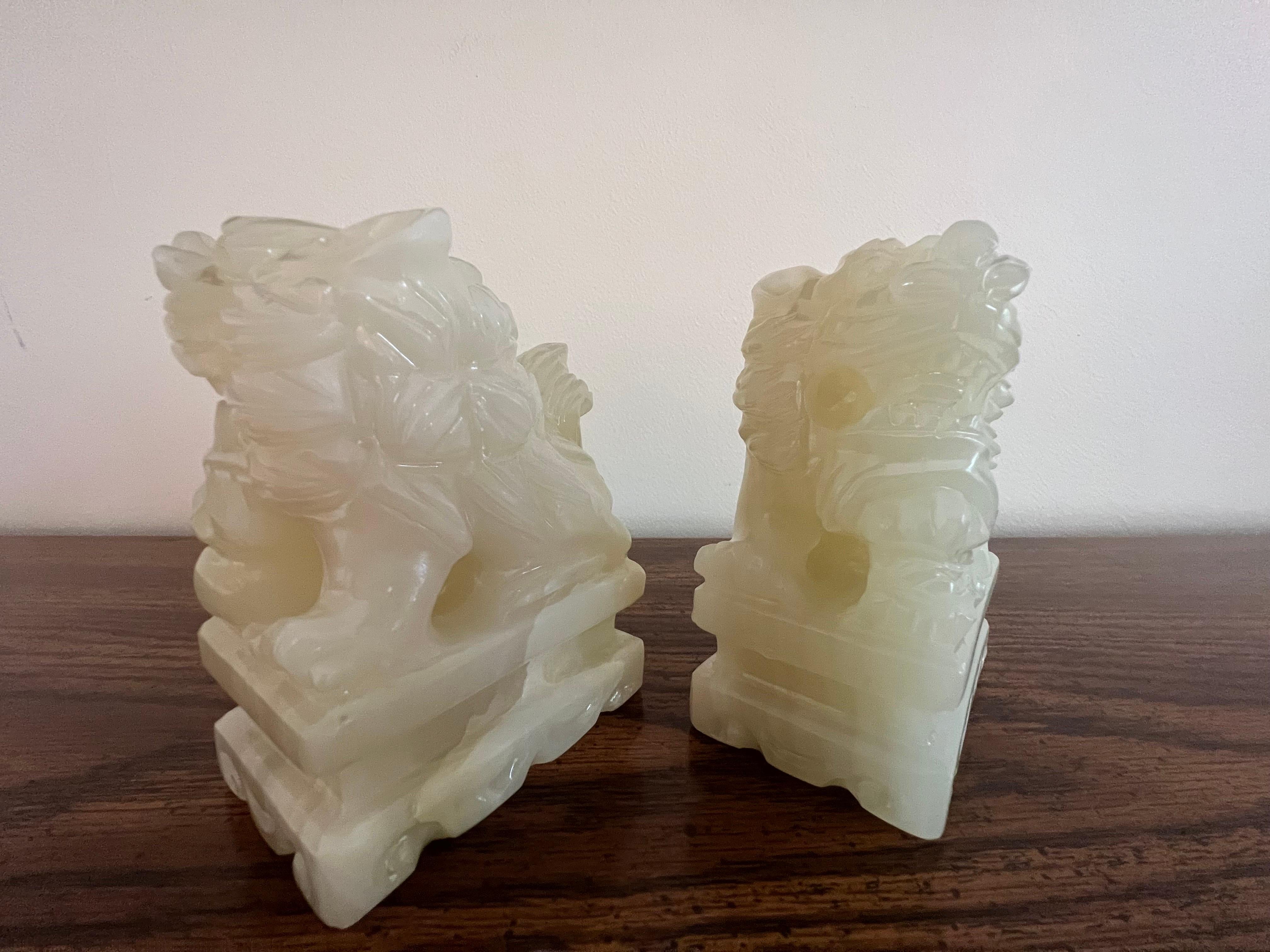 Pair of Chinese Hand Carved White Jade Jadeite Foo Dog Sculpture, circa 1920 2