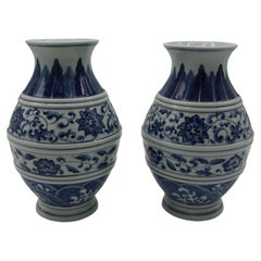 Vintage Pair of Chinese hand painted blue and white vases, Circa 1930