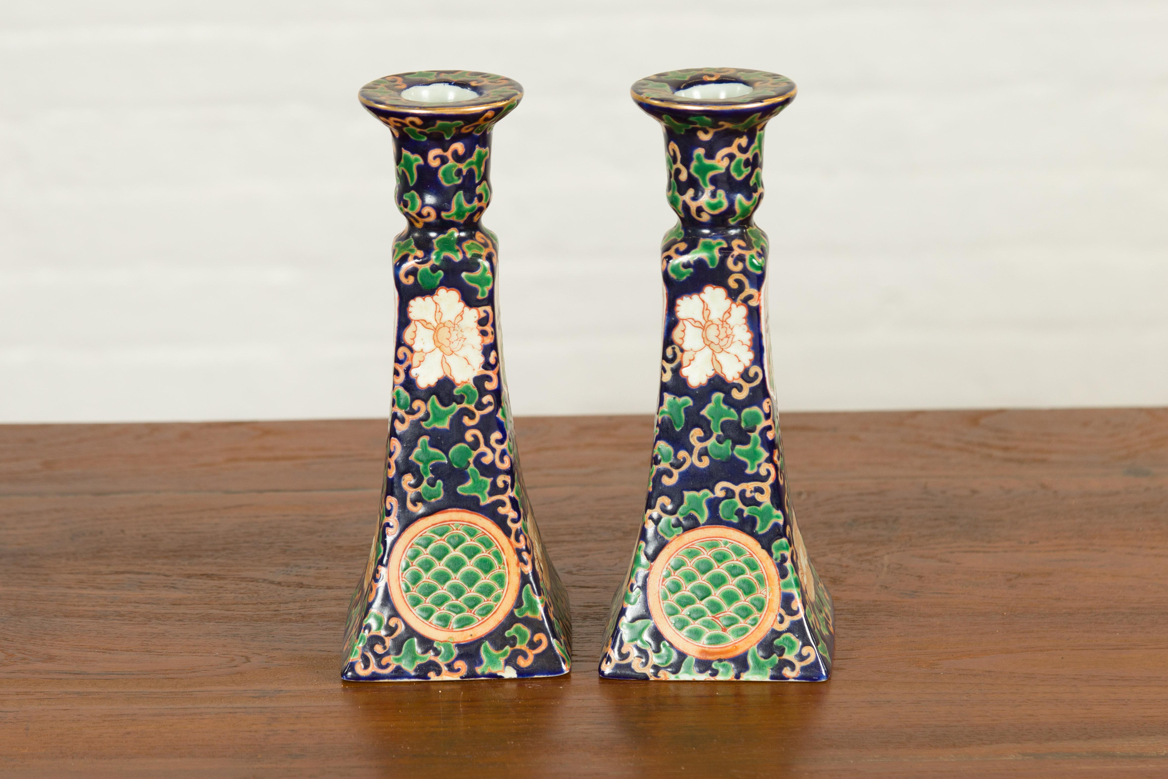 Pair of Chinese Hand Painted Candlesticks with Cobalt Blue Ground and Cartouches For Sale 2