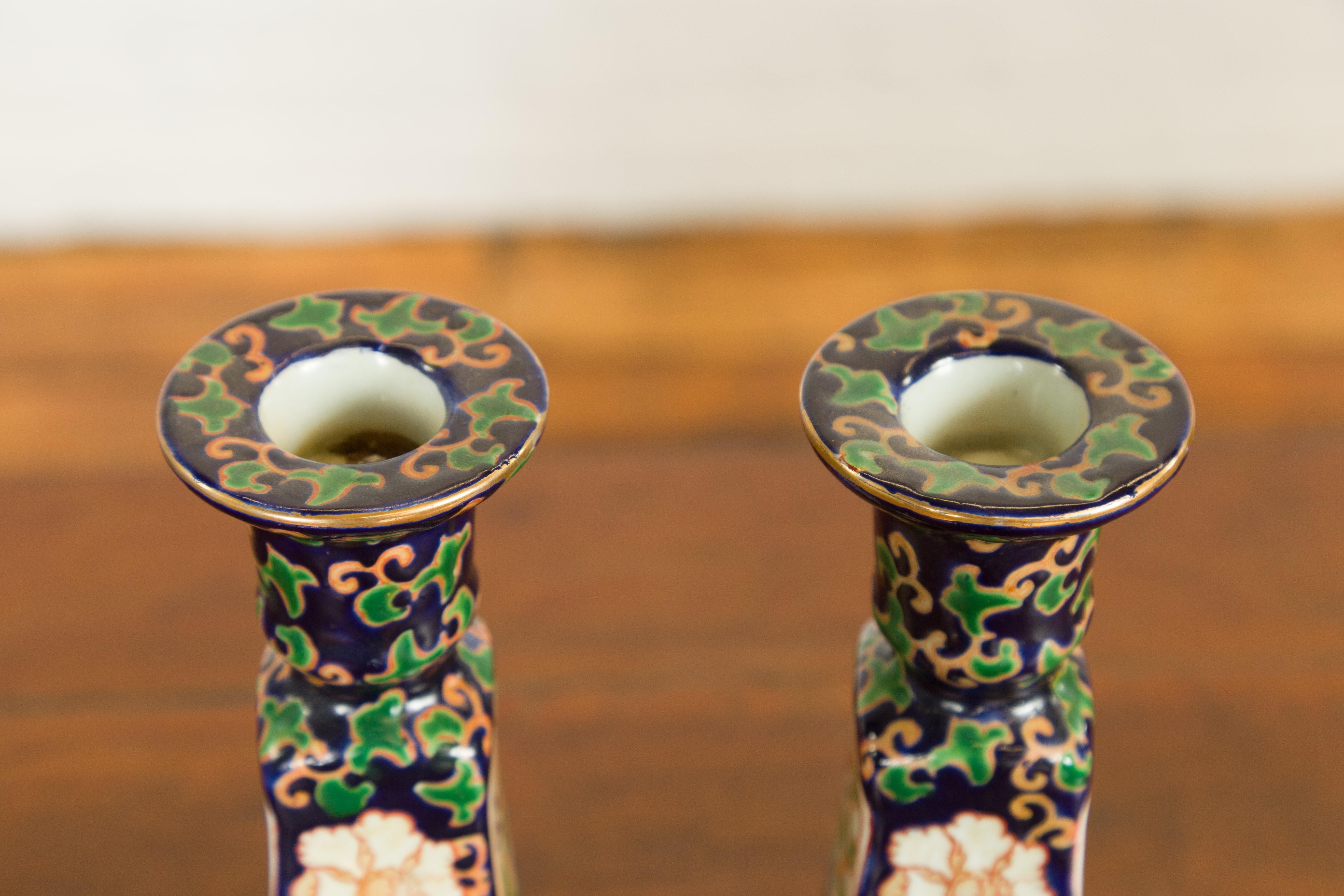 Pair of Chinese Hand Painted Candlesticks with Cobalt Blue Ground and Cartouches For Sale 3