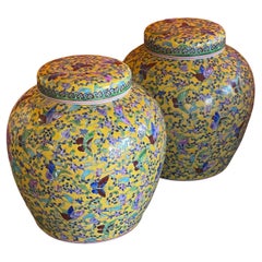 Pair of Chinese Hand Painted Ceramic Ginger Jars