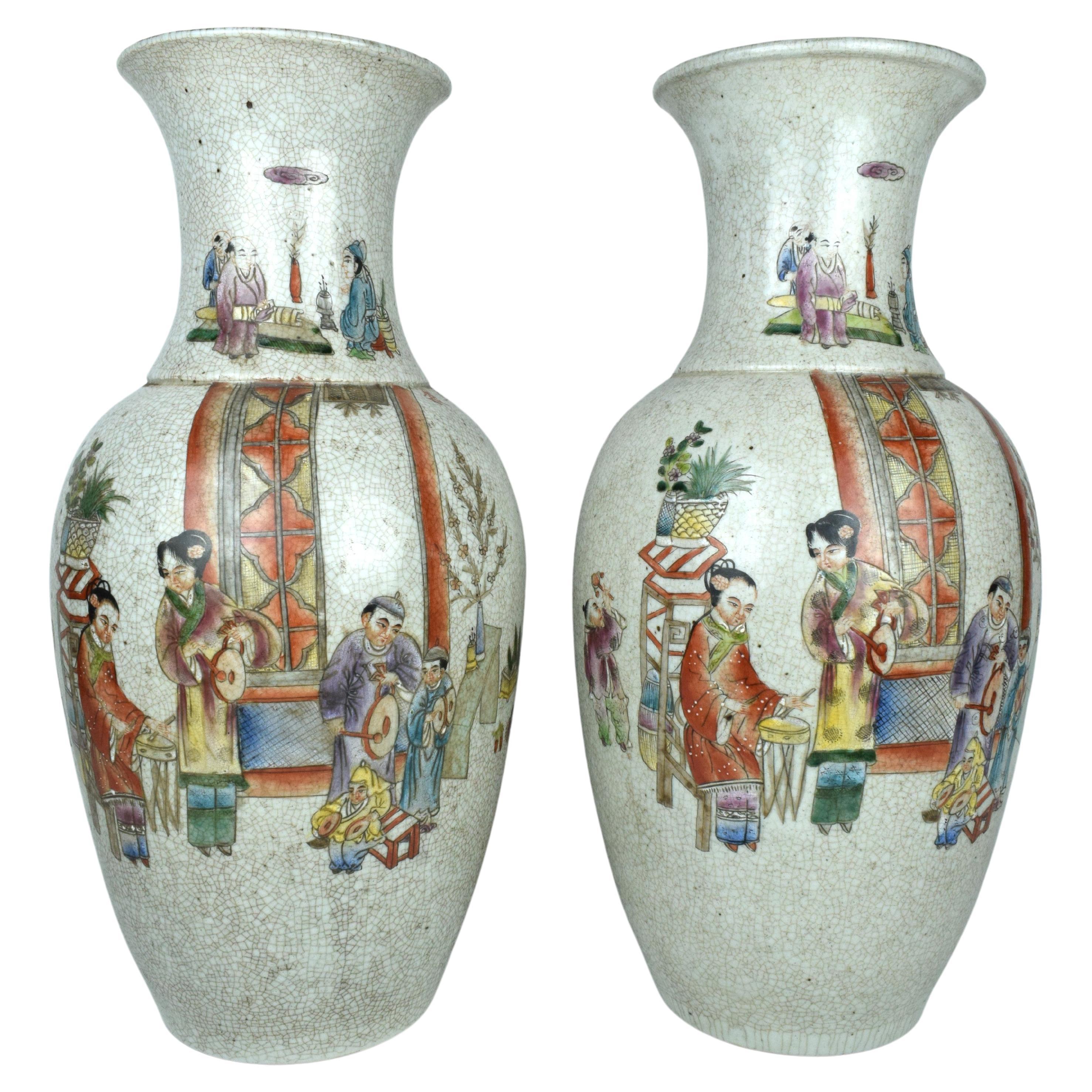 Pair of Chinese Hand Painted Ceramic Vases, 20th Century  For Sale