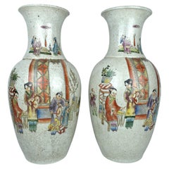 Vintage Pair of Chinese Hand Painted Ceramic Vases, 20th Century 