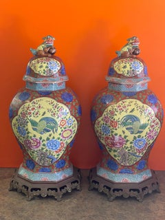 Pair of Chinese Hand Painted Ceramic Temple Jars with Foo Dogs