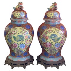 Vintage Pair of Chinese Hand Painted Ceramic Temple Jars with Foo Dogs