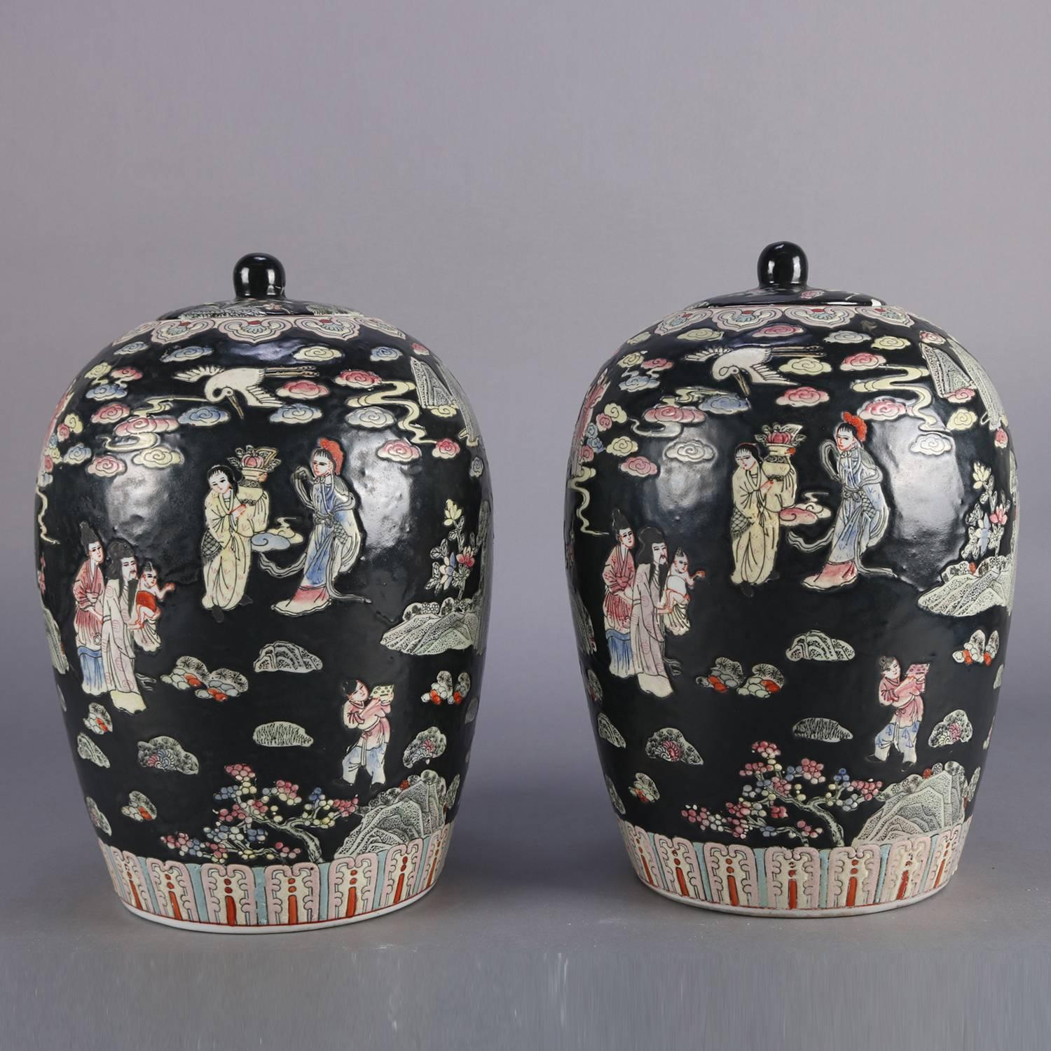 Pair of Chinese Hand-Painted Porcelain Covered Jars, Figures in Garden 5