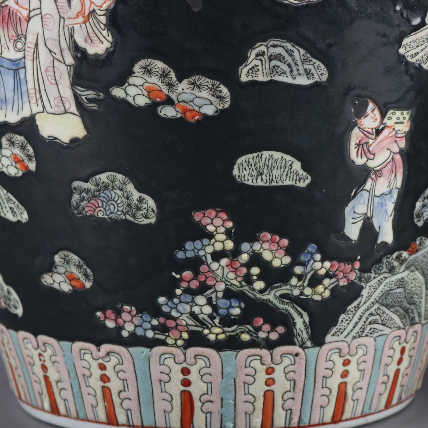 Pair of Chinese Hand-Painted Porcelain Covered Jars, Figures in Garden 6