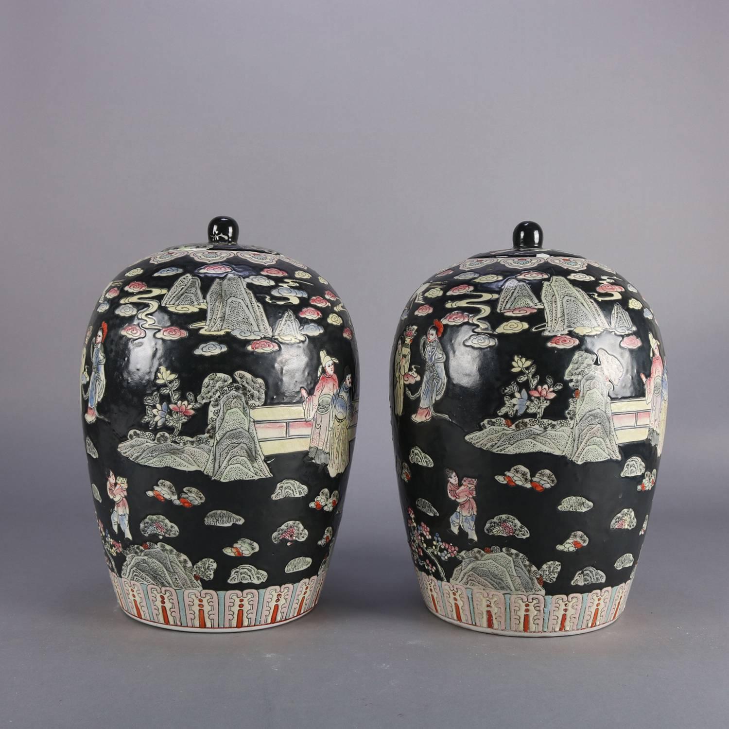 Pair of Chinese Hand-Painted Porcelain Covered Jars, Figures in Garden 9