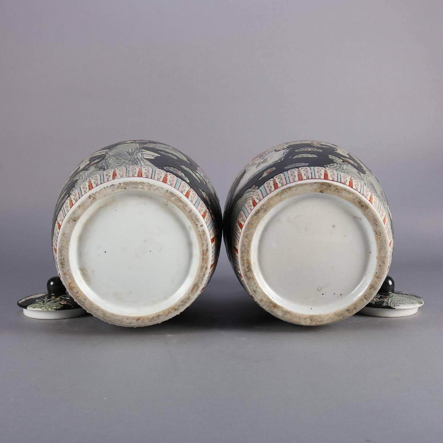Glazed Pair of Chinese Hand-Painted Porcelain Covered Jars, Figures in Garden