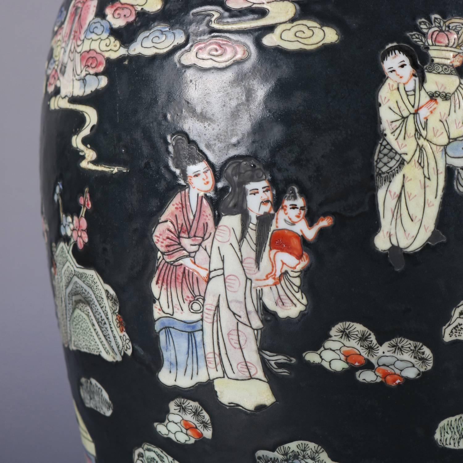 20th Century Pair of Chinese Hand-Painted Porcelain Covered Jars, Figures in Garden