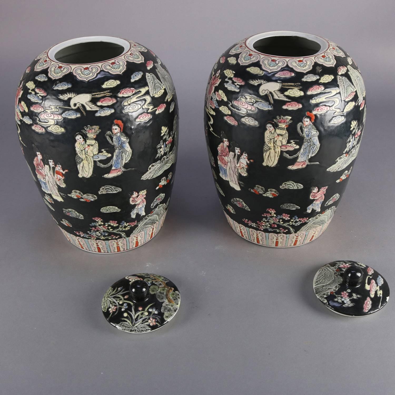 Pair of Chinese Hand-Painted Porcelain Covered Jars, Figures in Garden 3