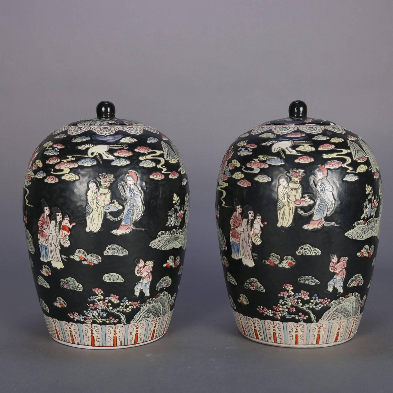 Pair of Chinese Hand-Painted Porcelain Covered Jars, Figures in Garden 4