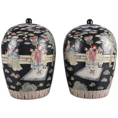 Pair of Chinese Hand-Painted Porcelain Covered Jars, Figures in Garden
