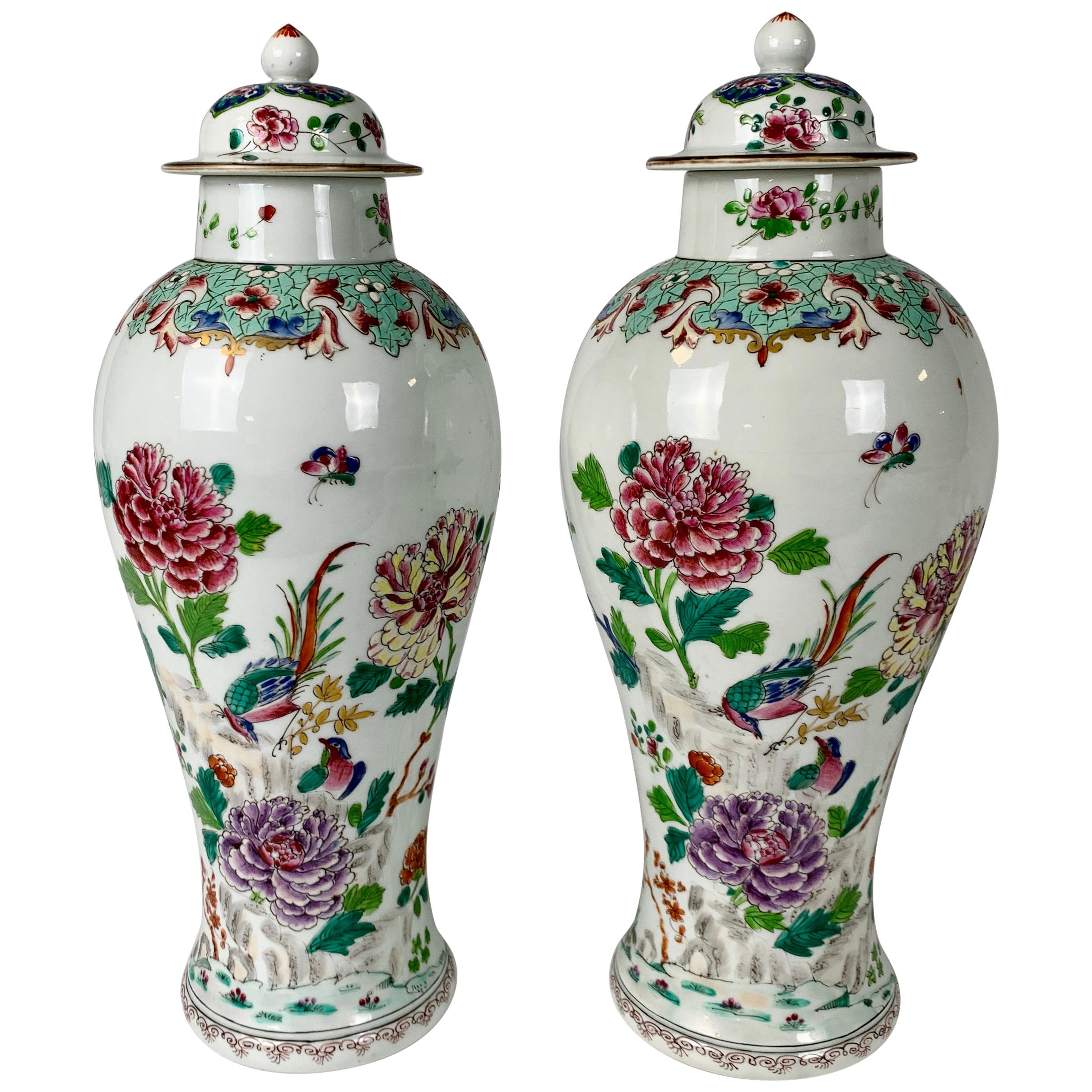 Pair of Chinese Porcelain Mantle Vases in the Famille Rose Palette at