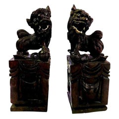 Pair of Chinese Hand Wood Carved, Bone Inlay Foo Dogs, circa Early 1900s