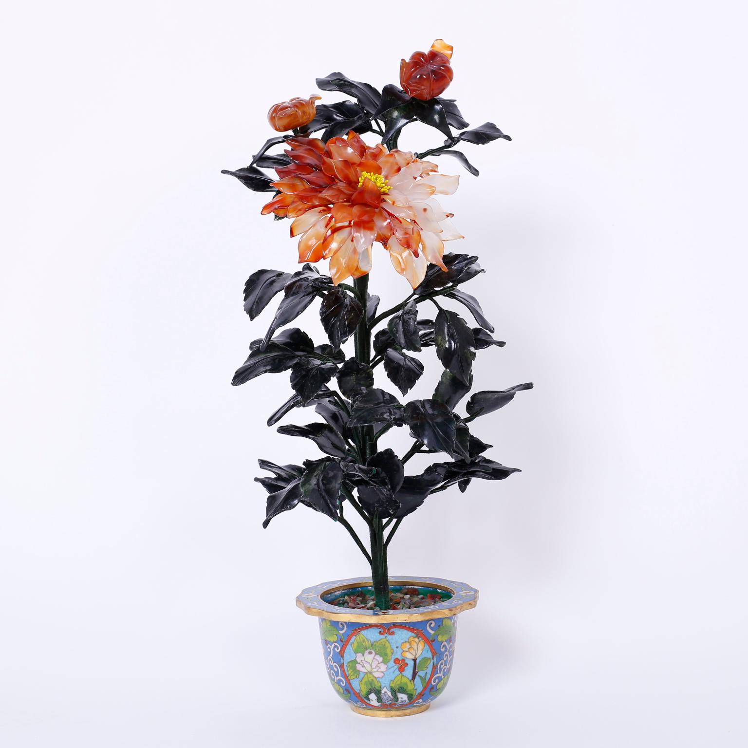 Lofty pair of Chinese flowers or Chrysanthemum plants crafted with semi-precious hard stones over a wire frame and presented in elegant cloisonné planters.