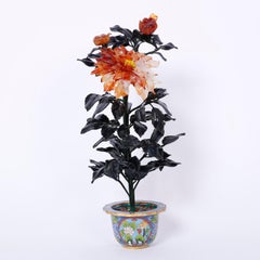 Pair of Chinese Hard Stone and Cloisonné Potted Flower Sculptures