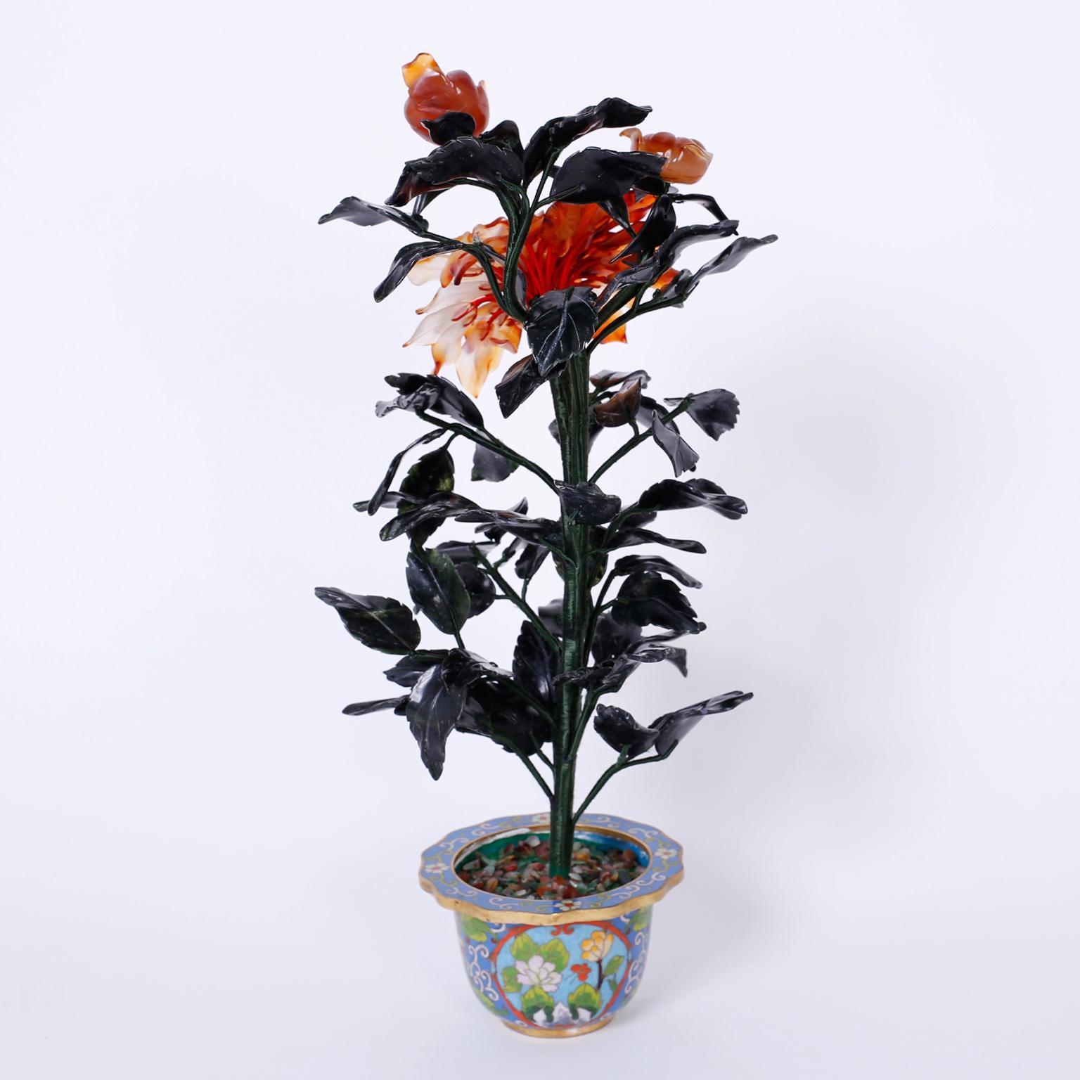 Chinoiserie Pair of Chinese Hard Stone and Cloisonné Potted Flower Sculptures