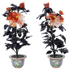 Vintage Pair of Chinese Hard Stone and Cloisonné Potted Flower Sculptures