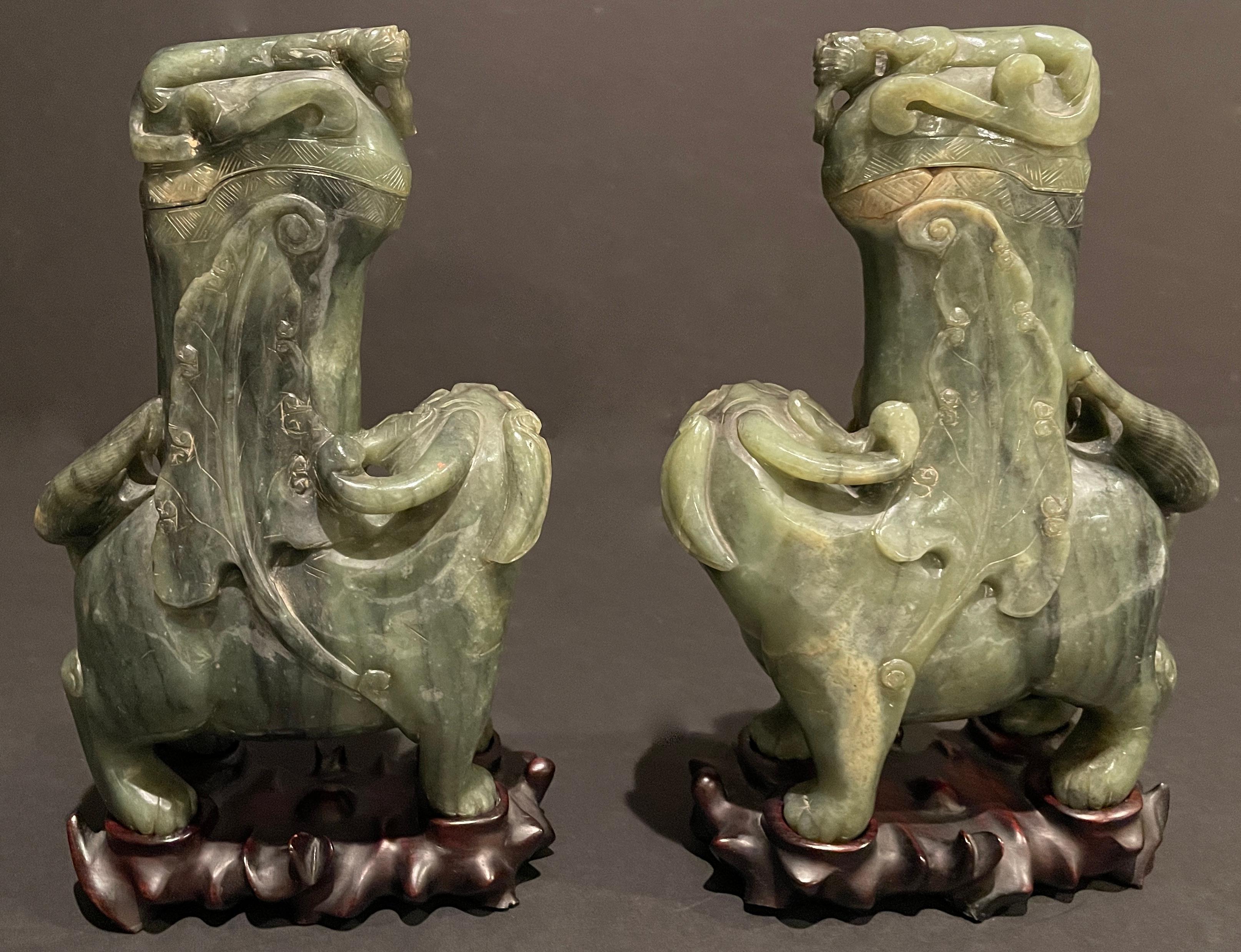 Hand-Carved Pair Of Chinese Hardstone Guardian Lions For Sale