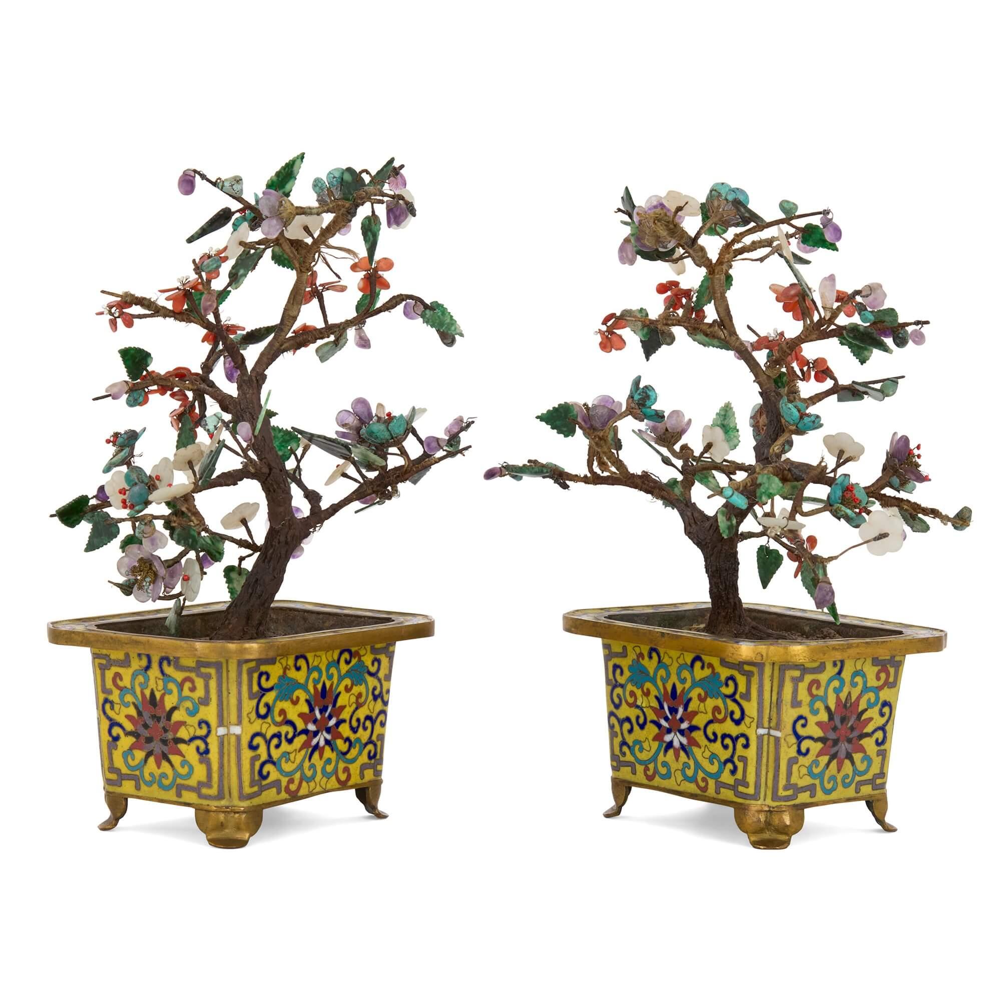 Carved Pair of Chinese Hardstone, Jade and Cloisonné Enamel Flower Tree Models For Sale