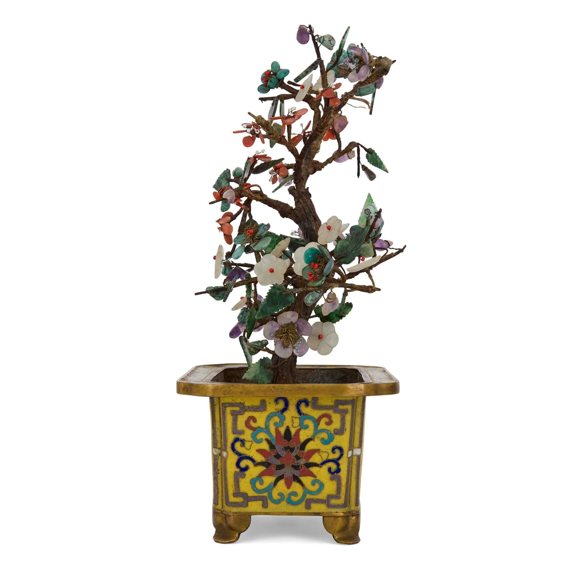 Pair of Chinese Hardstone, Jade and Cloisonné Enamel Flower Tree Models In Good Condition For Sale In London, GB