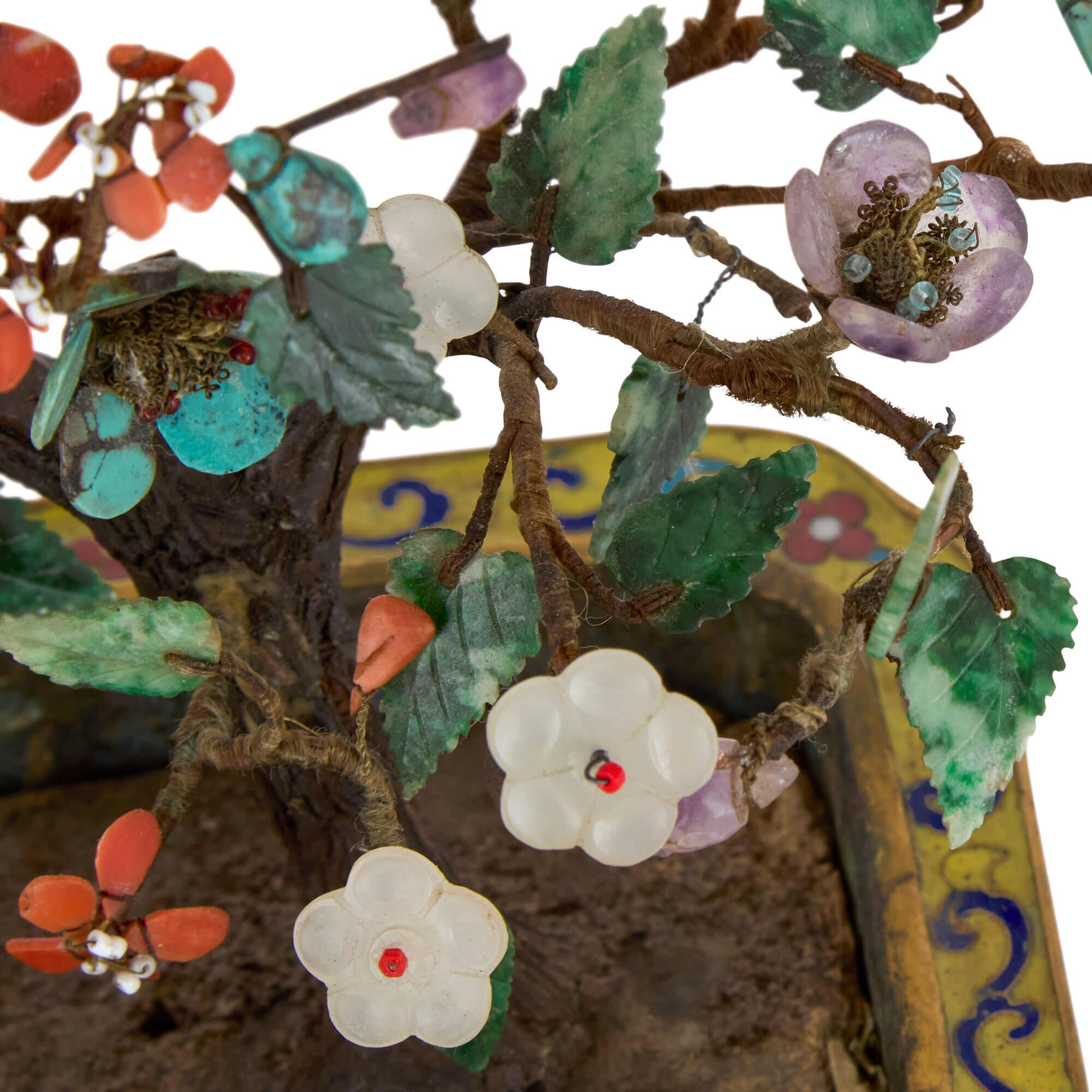 20th Century Pair of Chinese Hardstone, Jade and Cloisonné Enamel Flower Tree Models For Sale