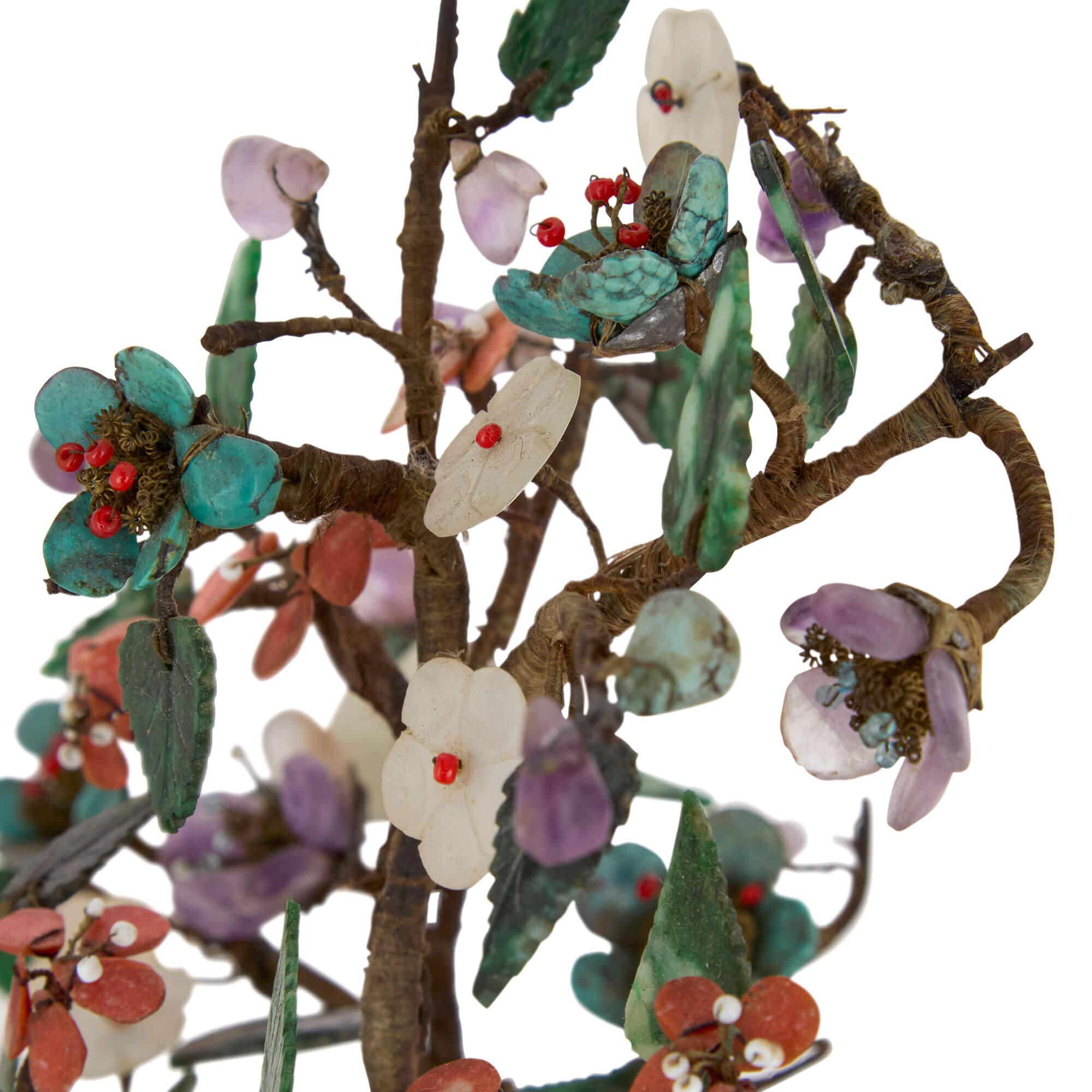 Pair of Chinese Hardstone, Jade and Cloisonné Enamel Flower Tree Models For Sale 1