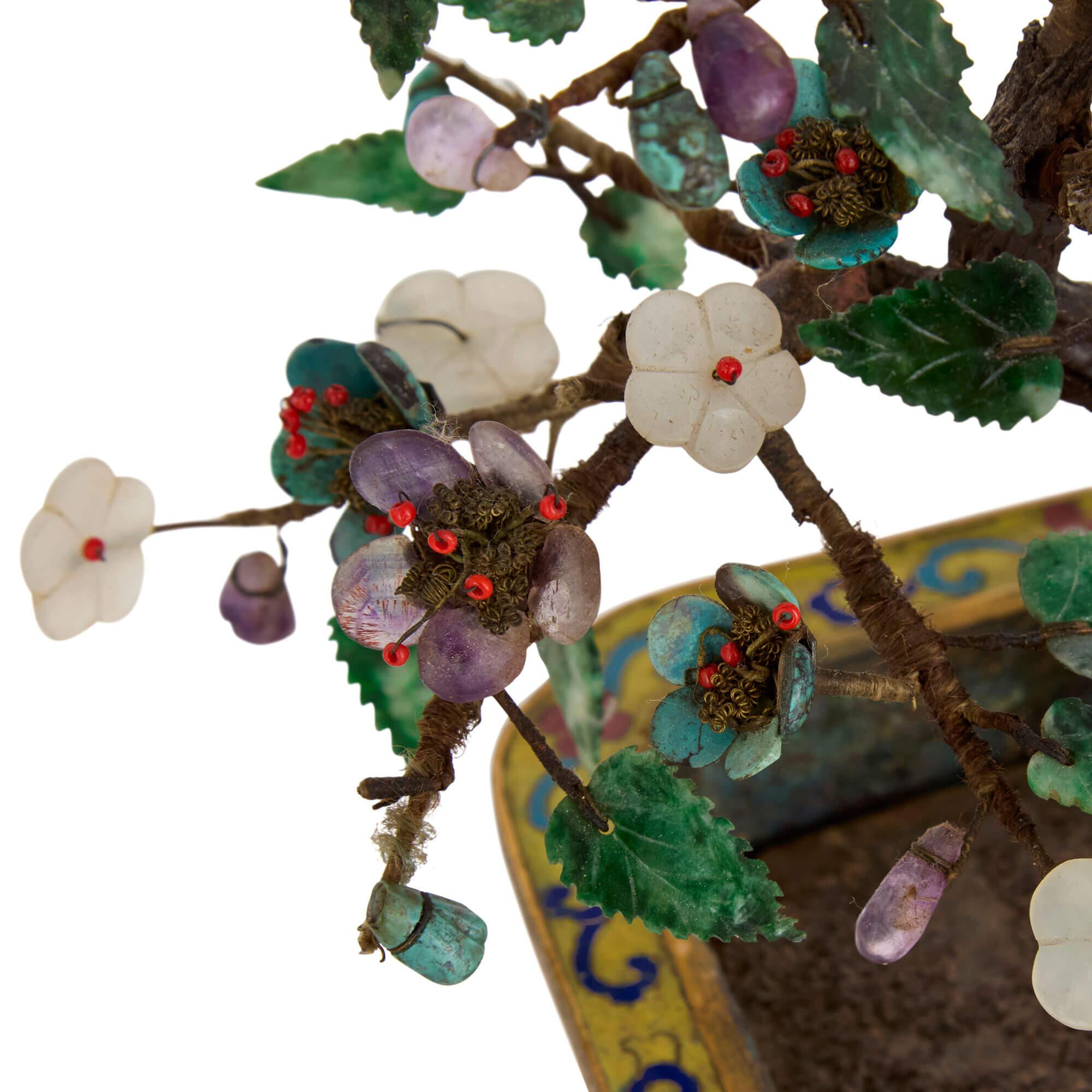 Pair of Chinese Hardstone, Jade and Cloisonné Enamel Flower Tree Models For Sale 2