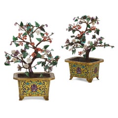 Pair of Chinese Hardstone, Jade and Cloisonné Enamel Flower Tree Models