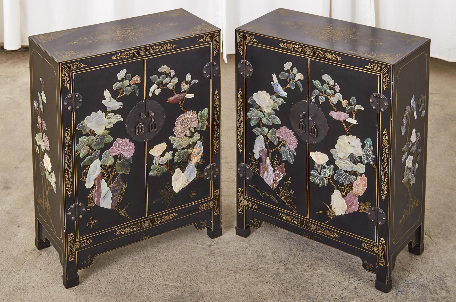 Chinese Export Pair of Chinese Hardstone Soapstone Lacquered Cabinets or Nightstands