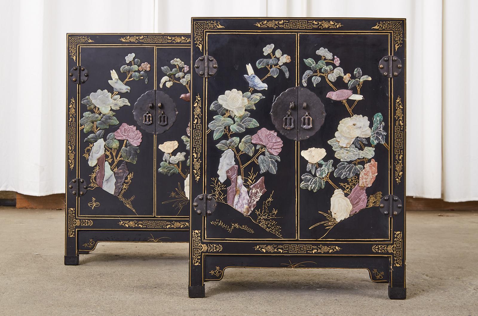 Hand-Crafted Pair of Chinese Hardstone Soapstone Lacquered Cabinets or Nightstands