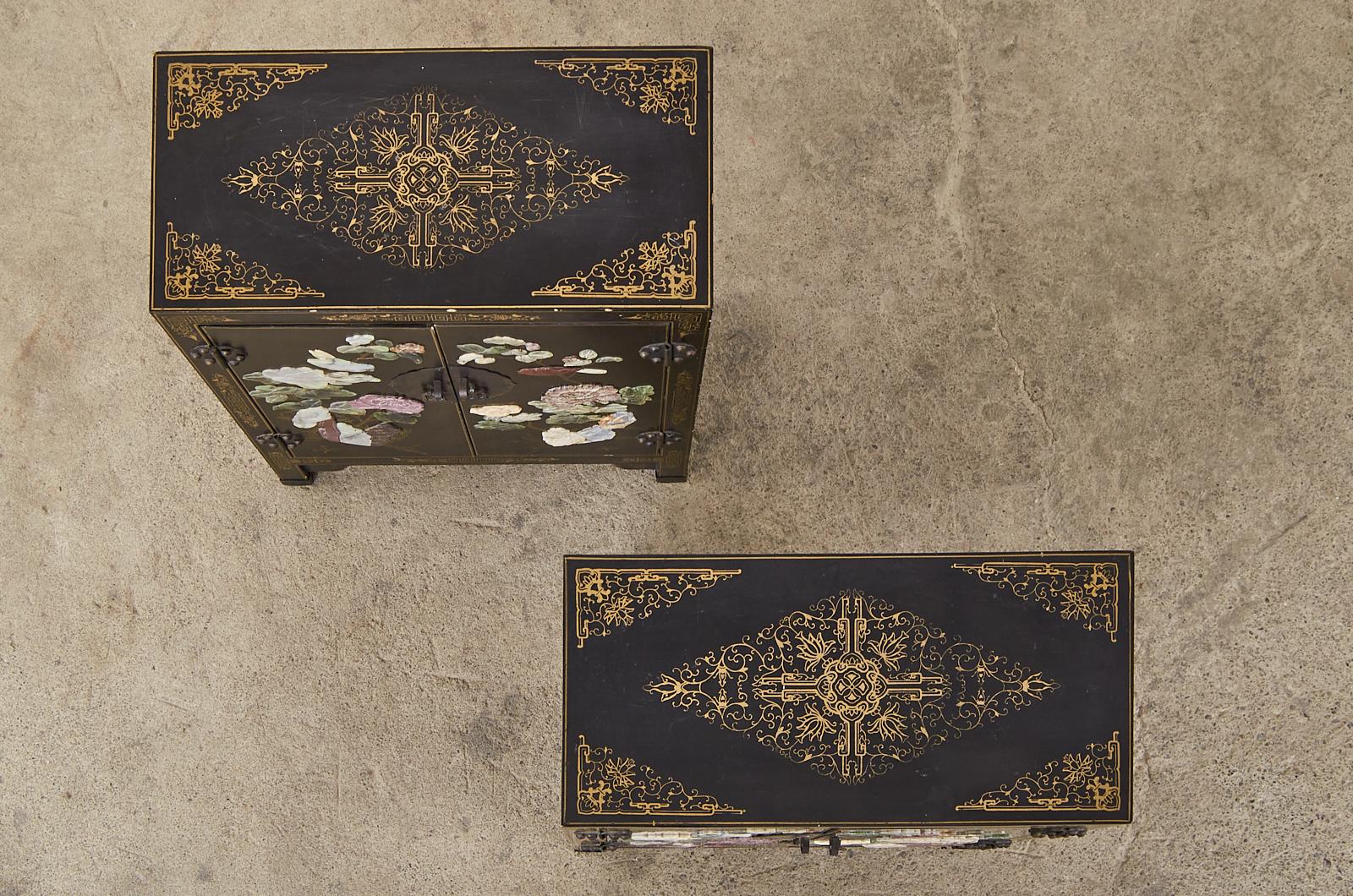 Pair of Chinese Hardstone Soapstone Lacquered Cabinets or Nightstands In Good Condition In Rio Vista, CA