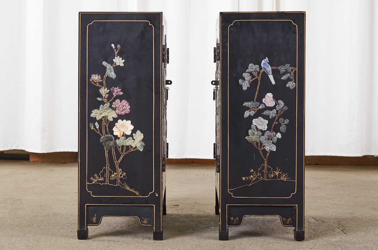 20th Century Pair of Chinese Hardstone Soapstone Lacquered Cabinets or Nightstands
