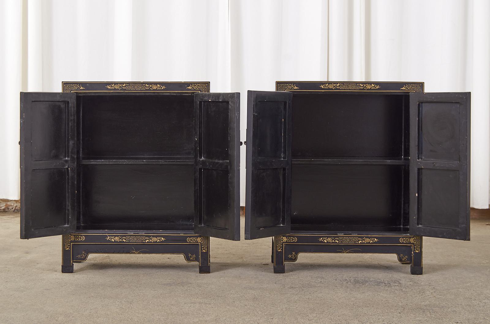 Brass Pair of Chinese Hardstone Soapstone Lacquered Cabinets or Nightstands