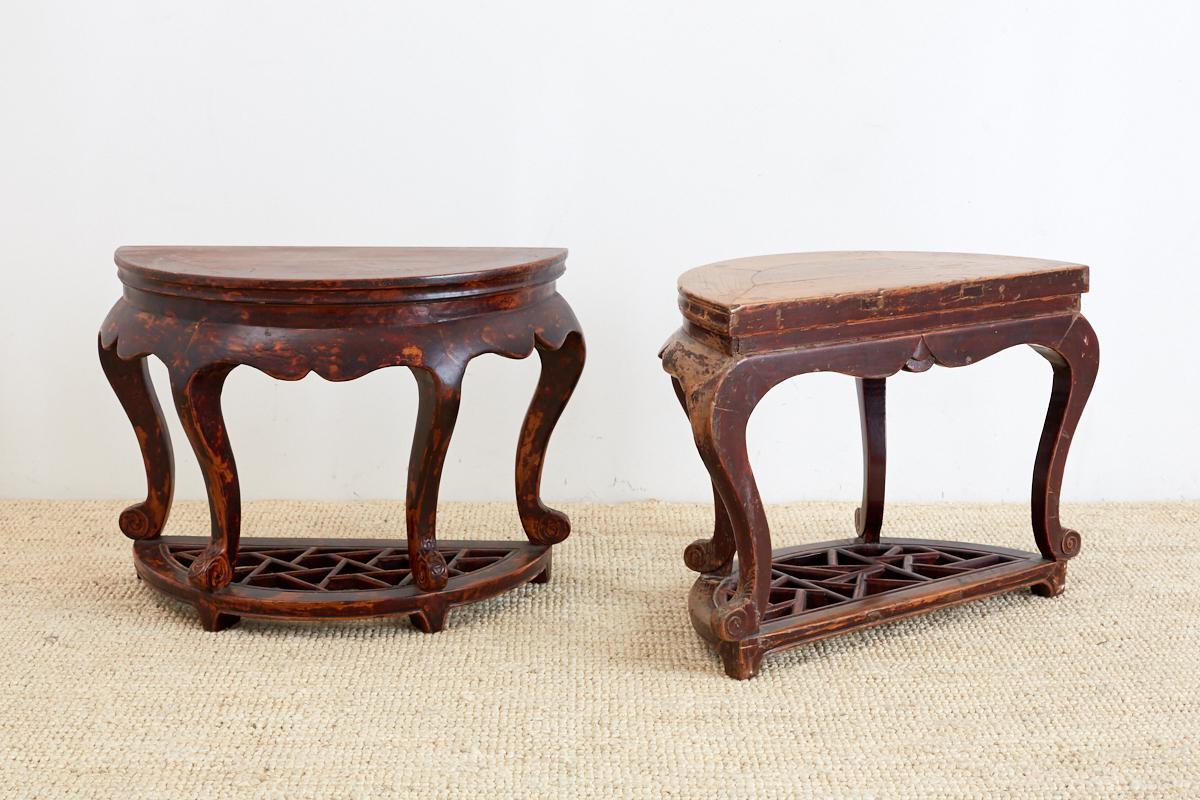 Pair of Chinese Hardwood Carved Demilune Tables For Sale 4