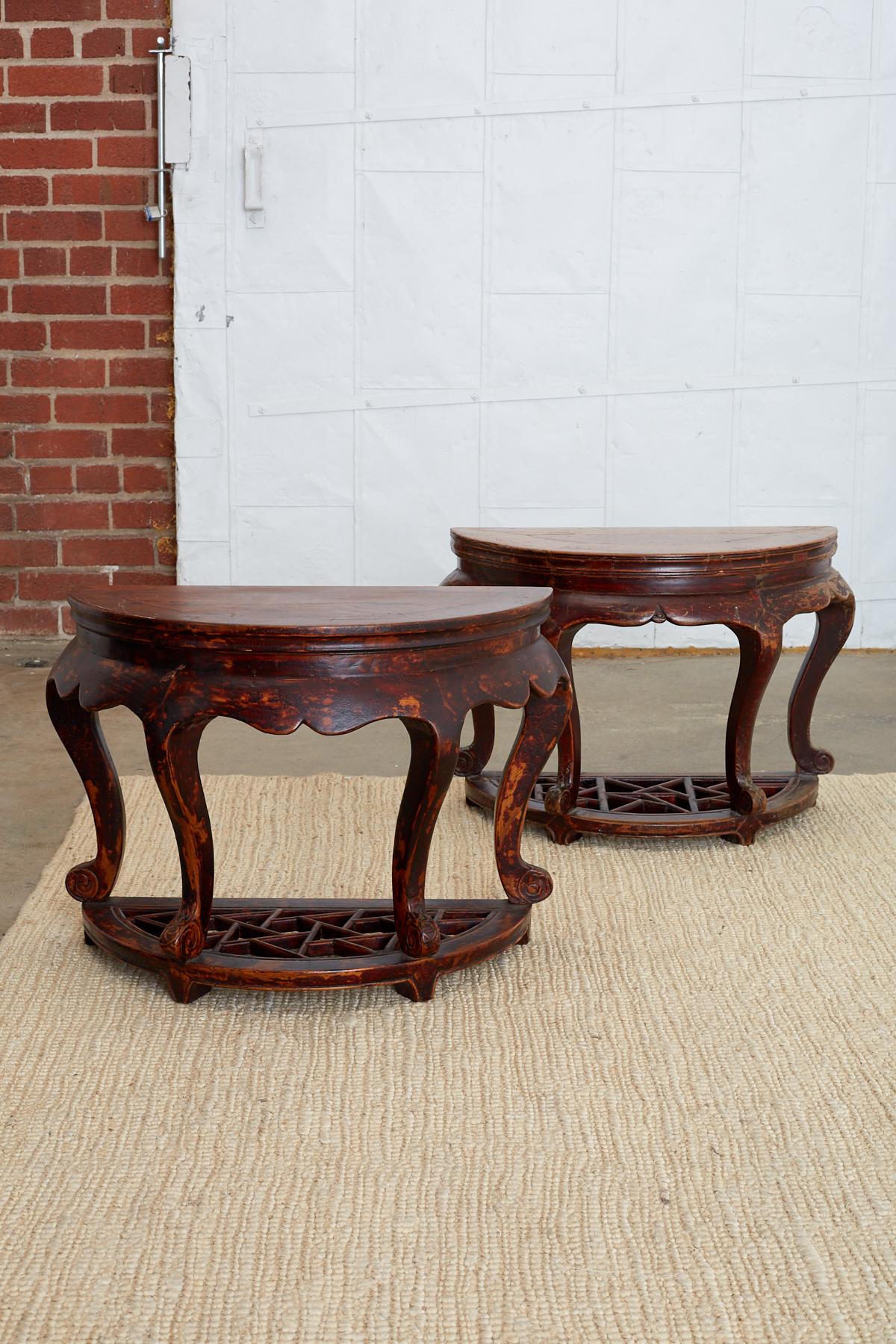 Pair of Chinese Hardwood Carved Demilune Tables For Sale 5