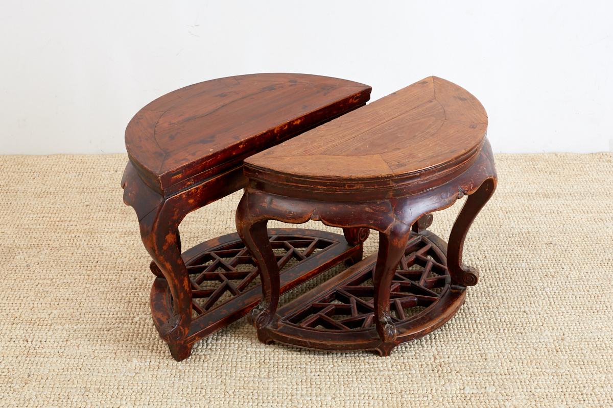 Qing Pair of Chinese Hardwood Carved Demilune Tables For Sale