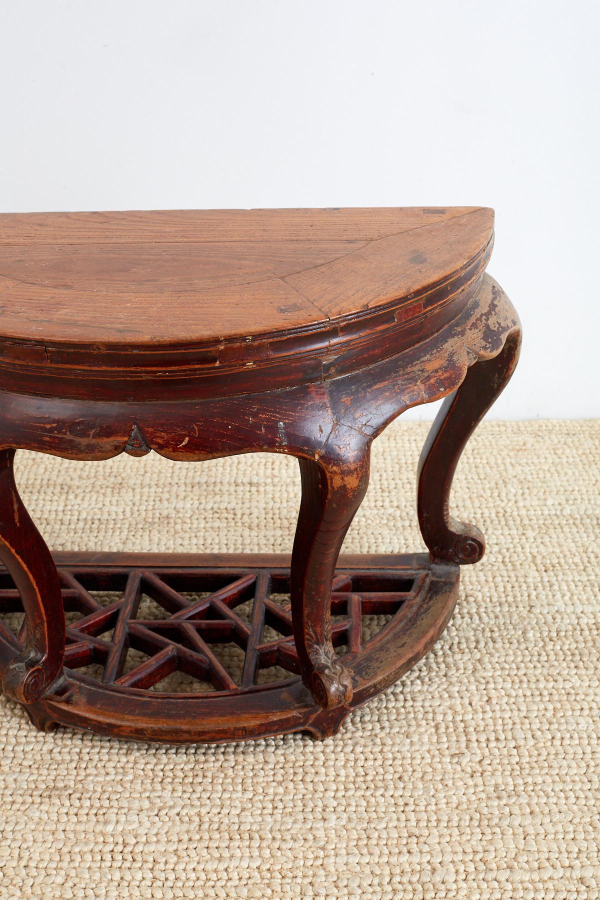 Hand-Crafted Pair of Chinese Hardwood Carved Demilune Tables For Sale