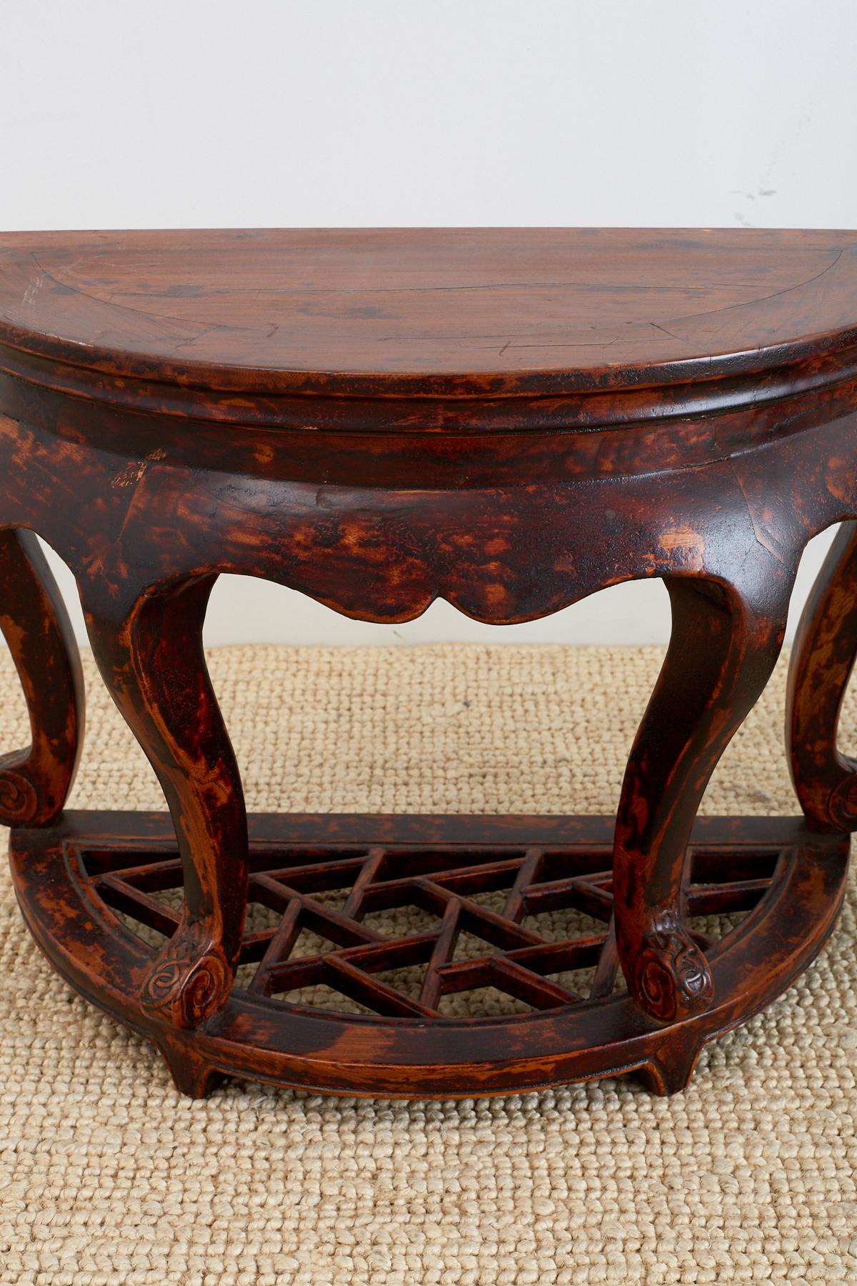 Pair of Chinese Hardwood Carved Demilune Tables In Distressed Condition For Sale In Rio Vista, CA