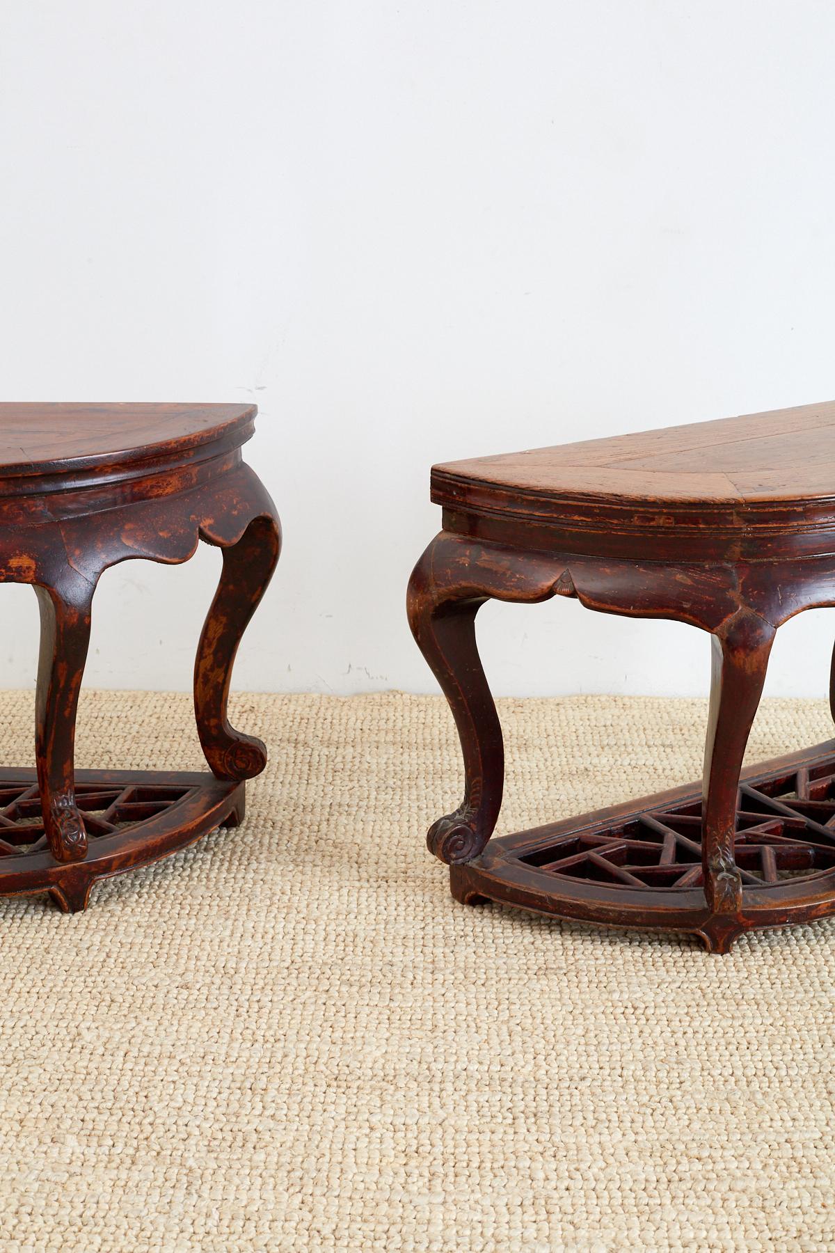 19th Century Pair of Chinese Hardwood Carved Demilune Tables For Sale