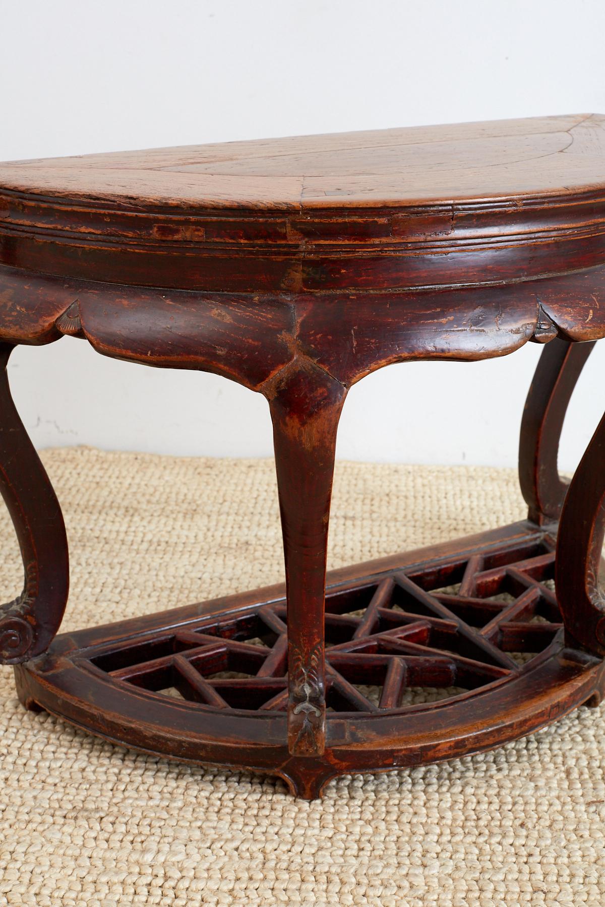 Pair of Chinese Hardwood Carved Demilune Tables For Sale 1