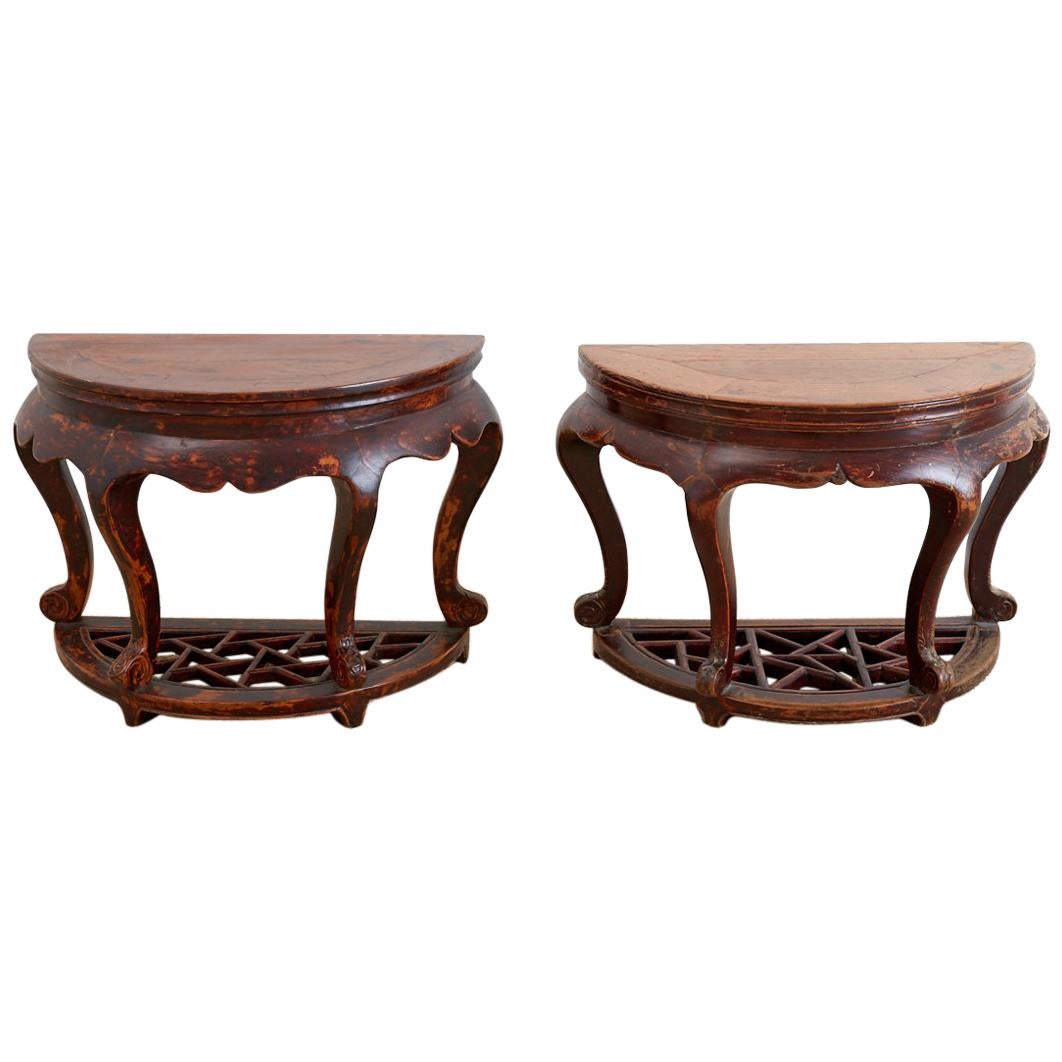 Pair of Chinese Hardwood Carved Demilune Tables For Sale